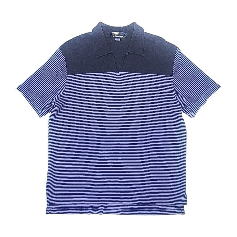 Polo Ralph Lauren Shirt Men Sz XL Wallfle Knit V-Neck Blue Stripe Texture Collar